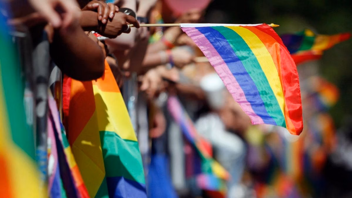 Spectators waving rainbow pride flags along a parade barricade