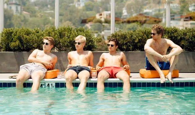 Four young men in swim trunks and sunglasses sitting on the edge of a rooftop pool in West Hollywood