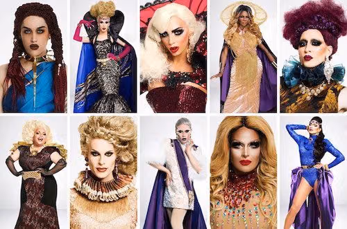 Cast portraits of the 10 queens competing on RuPaul's Drag Race All Stars season 2