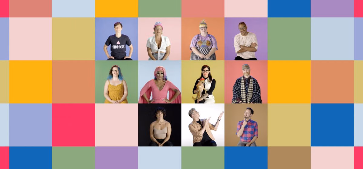 Colorful grid of 11 portraits of diverse people, including a drag performer in pink and a person in a Silence = Death shirt