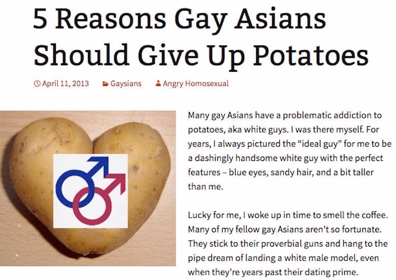 Screenshot of The Angry Homosexual post 5 Reasons Gay Asians Should Give Up Potatoes, with a heart-shaped potato