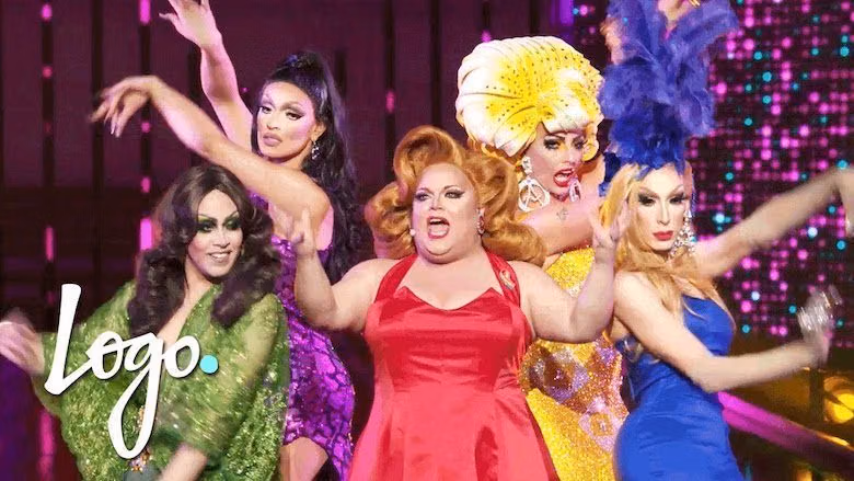 Five All Stars season 2 queens in sequined gowns dancing together on a glittering stage