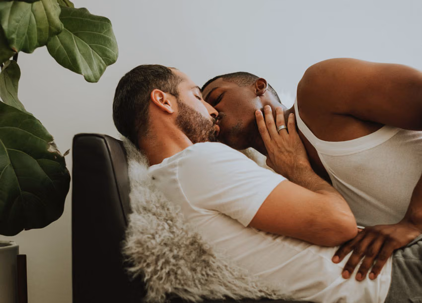 Two men sharing a kiss on a leather chair with a sheepskin throw, beside a fiddle-leaf fig plant