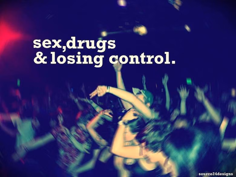Text reading sex, drugs and losing control over a blurry nightclub crowd with raised arms