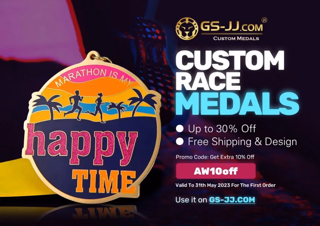 GS-JJ ad for custom race medals, showing a colorful 'Marathon is my happy time' medal and a promo code
