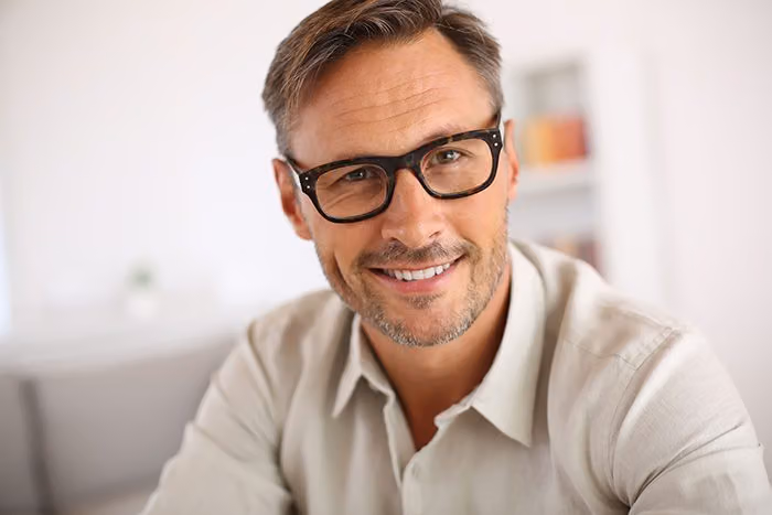 Smiling middle-aged man with glasses and a graying beard, looking relaxed and rested