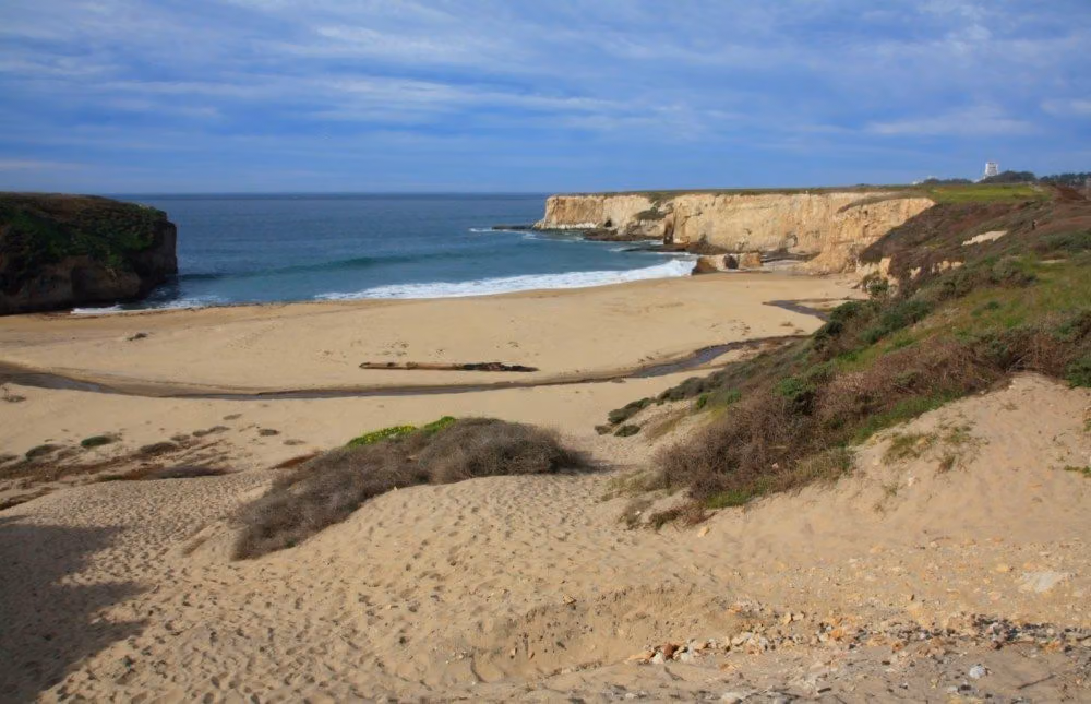 Bonny Doon Beach cove with sand dunes and sandstone cliffs along the Santa Cruz coast