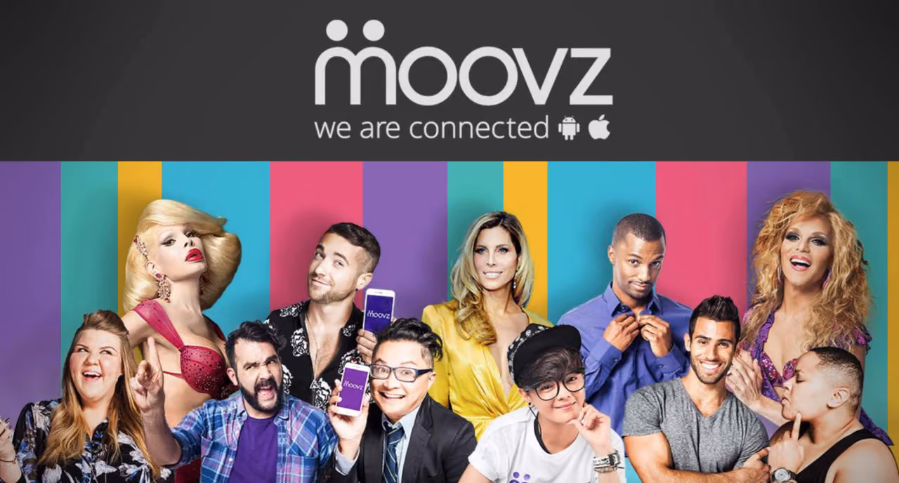 Moovz “we are connected” campaign banner with drag queens and LGBT personalities, two holding phones showing the app