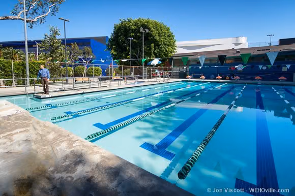 Outdoor lap pool at the West Hollywood Aquatic Center on a sunny day