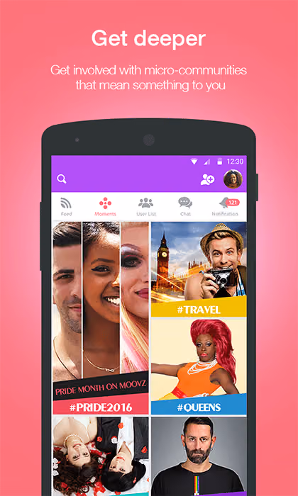 Moovz app screenshot titled “Get deeper” showing Moments hashtags such as #Pride2016, #Travel and #Queens
