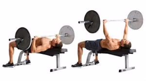 Barbell bench press in two steps, bar lowered to the chest and then pressed up