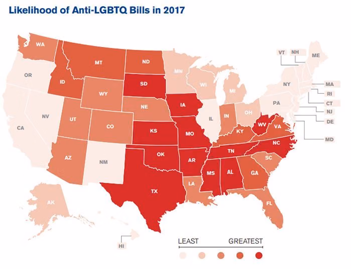 Map of the likelihood of anti-LGBTQ bills by state in 2017, highest across the South and parts of the Midwest