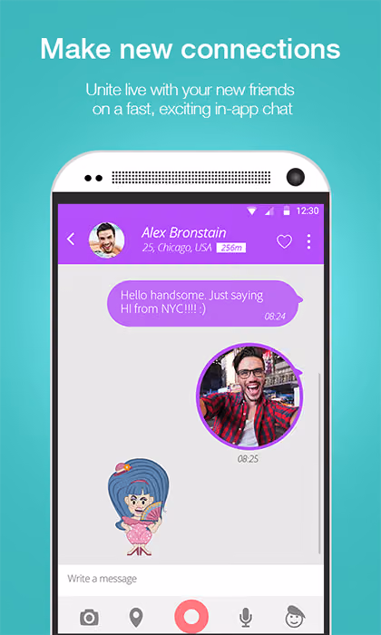 Moovz app screenshot titled “Make new connections” showing an in-app chat with a message, selfie and sticker