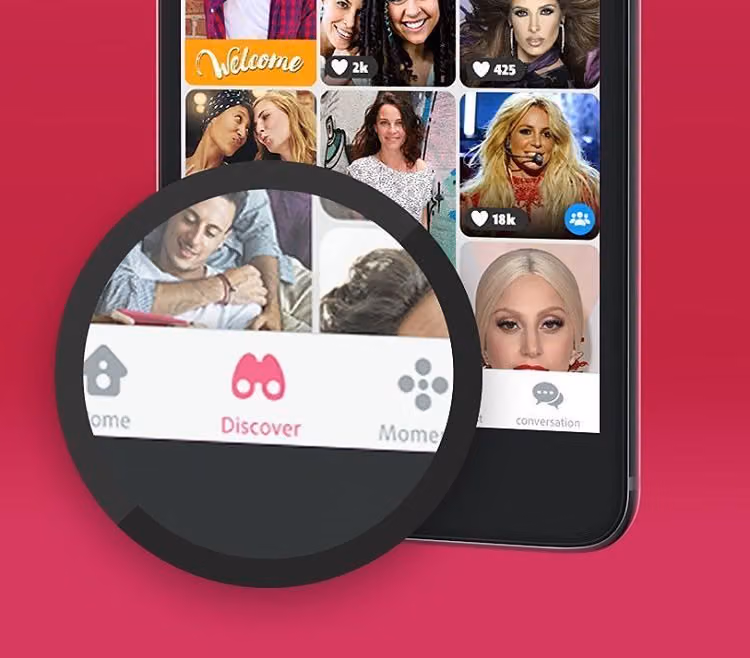 Phone running Moovz with a magnified view of the Discover tab and its photo feed