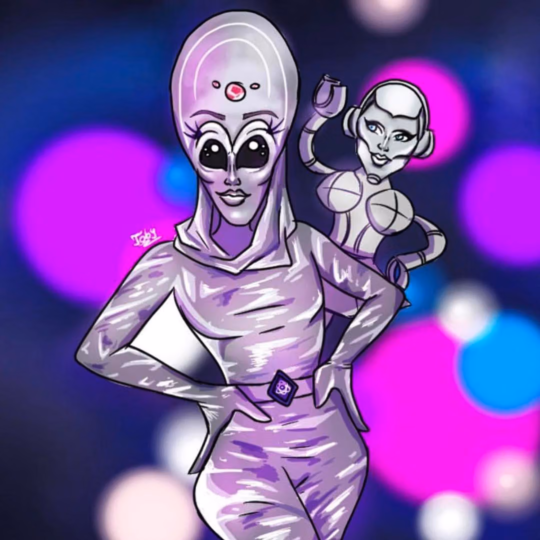 Illustration of Nina Bo'nina Brown as Princess Zathena, a silver alien, with her robot sidekick Inc