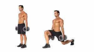Dumbbell lunge in two steps, standing with dumbbells at the sides and then lowered into a lunge