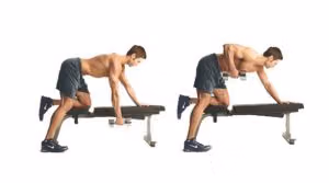 One-arm dumbbell row on a flat bench, dumbbell hanging down and then pulled to the hip