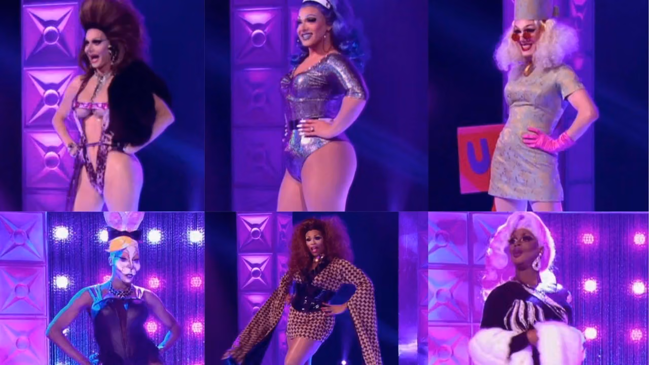 Collage of six Season 9 queens posing in their looks on the Drag Race runway