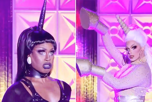 Two queens in unicorn runway looks, one in black with a dark horn, one in white with hoof gloves