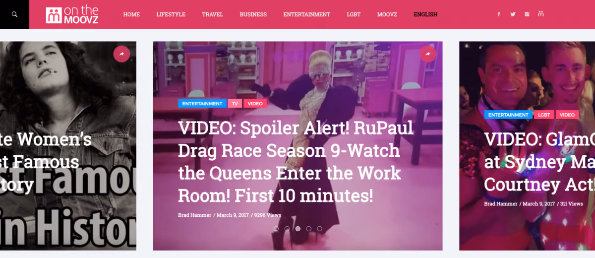 Screenshot of the On the Moovz blog homepage with entertainment stories, including a RuPaul's Drag Race video