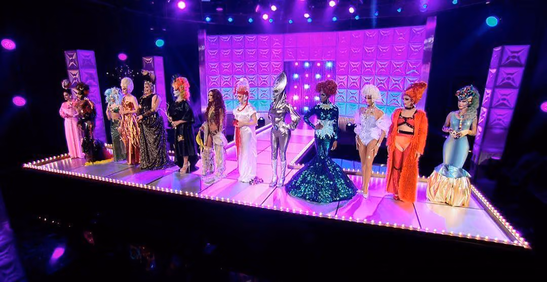 The Season 9 queens lined up on the main stage in their princess challenge looks