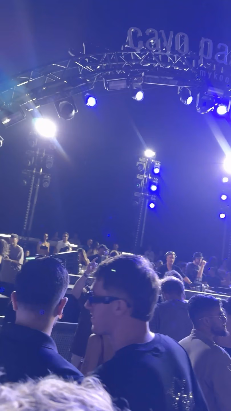 Stage lights and the crowd at Cavo Paradiso during Gorgon City’s set.