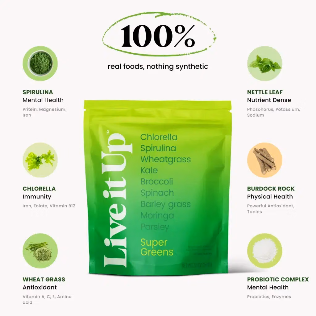 Live it Up Super Greens pouch with ingredient callouts: spirulina, chlorella, wheatgrass, nettle, burdock, probiotics