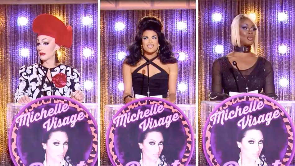 Three queens at podiums roasting Michelle Visage, each podium bearing her name and photo