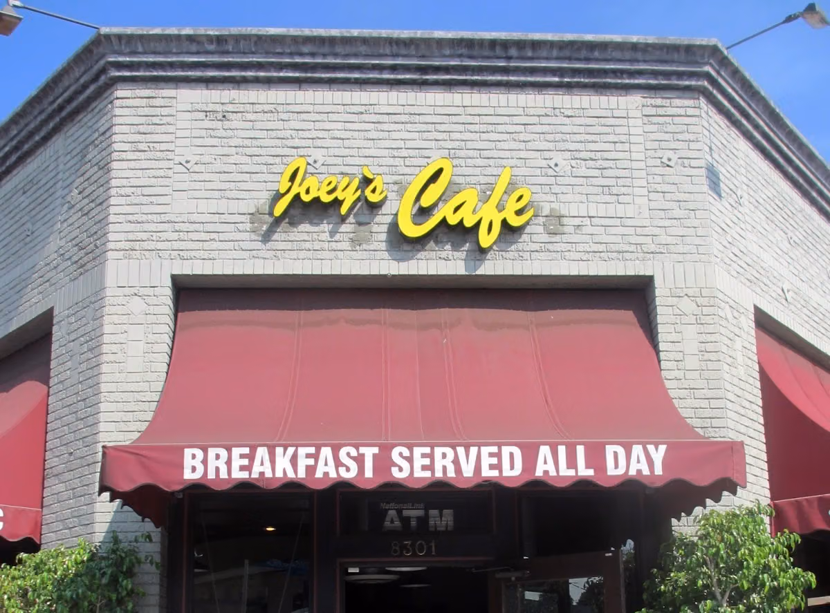Joey's Cafe storefront in West Hollywood with a "Breakfast served all day" awning