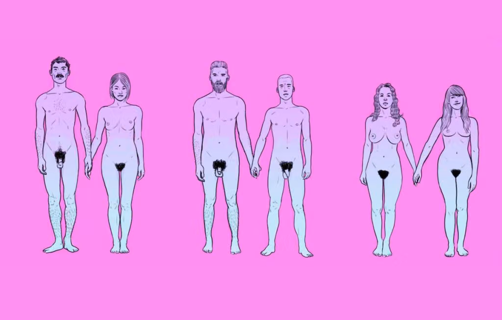 Illustration of three nude couples holding hands: a man and woman, two men, and two women