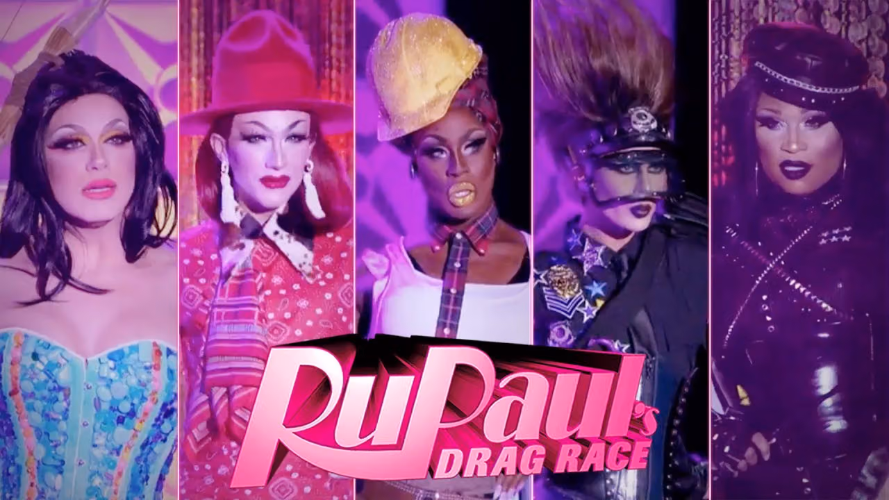 The five remaining Season 9 queens in costume side by side above the RuPaul's Drag Race logo