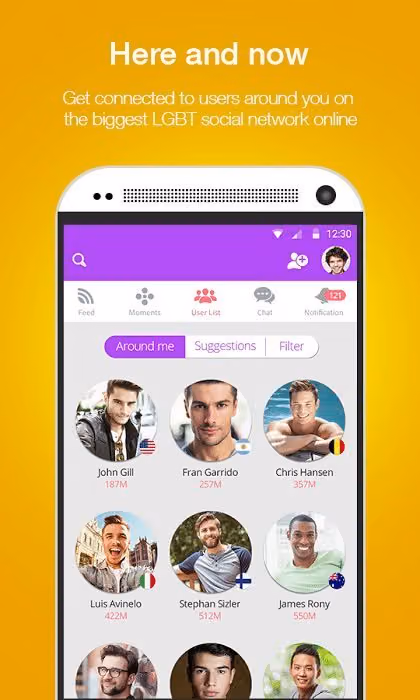 Moovz app screenshot titled “Here and now” showing a grid of nearby users with country flags