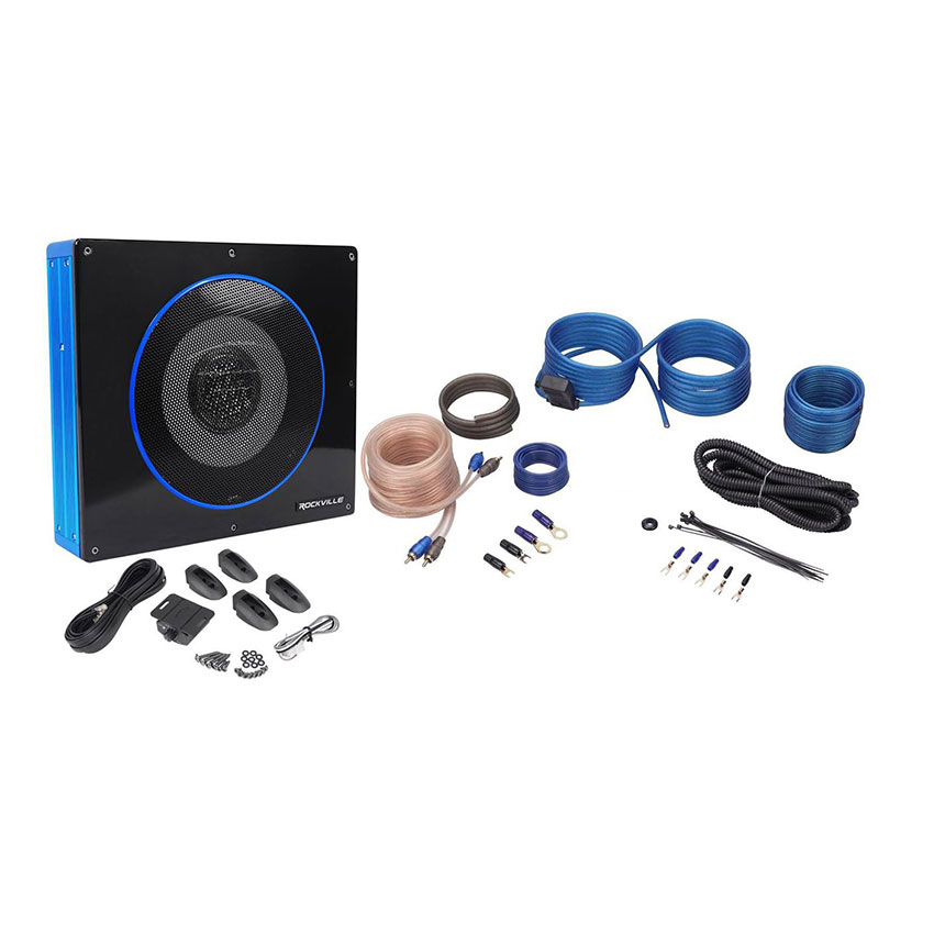 Rockville RW8CA 8-inch 600 Watt Under-Seat Slim Amplified Car Subwoofer + Wire Kit