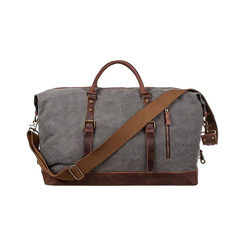 S-ZONE Oversized Canvas Genuine Leather Trim Weekender Bag
