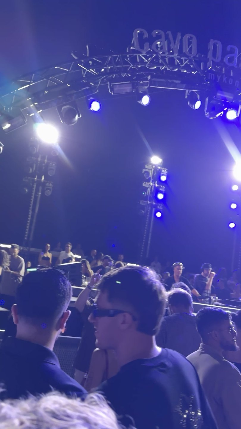 Stage lights and the crowd at Cavo Paradiso during Gorgon City’s set.