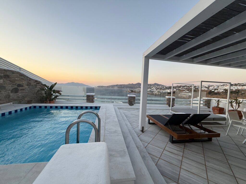 Private pool and terrace overlooking the sea at Grand Beach Mykonos.