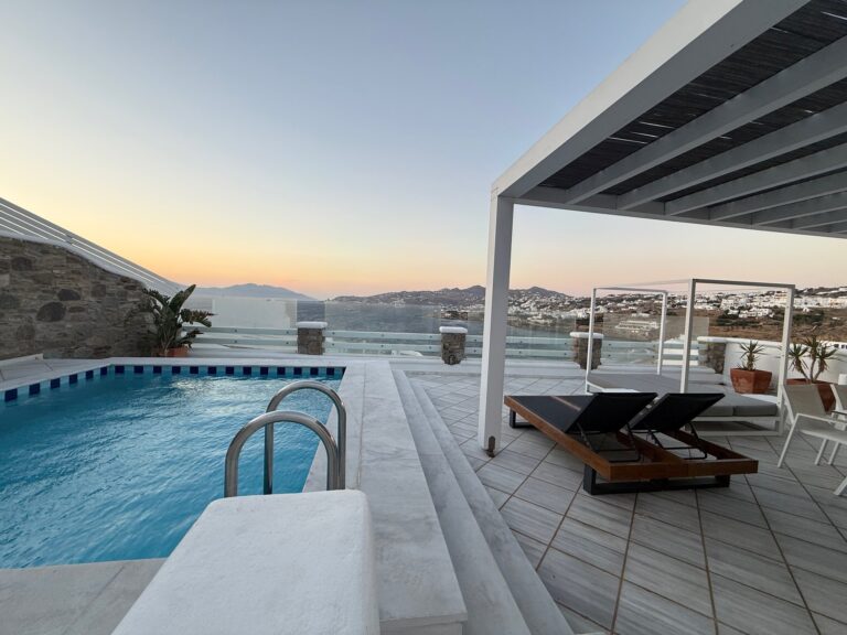 Private pool and terrace overlooking the sea at Grand Beach Mykonos.