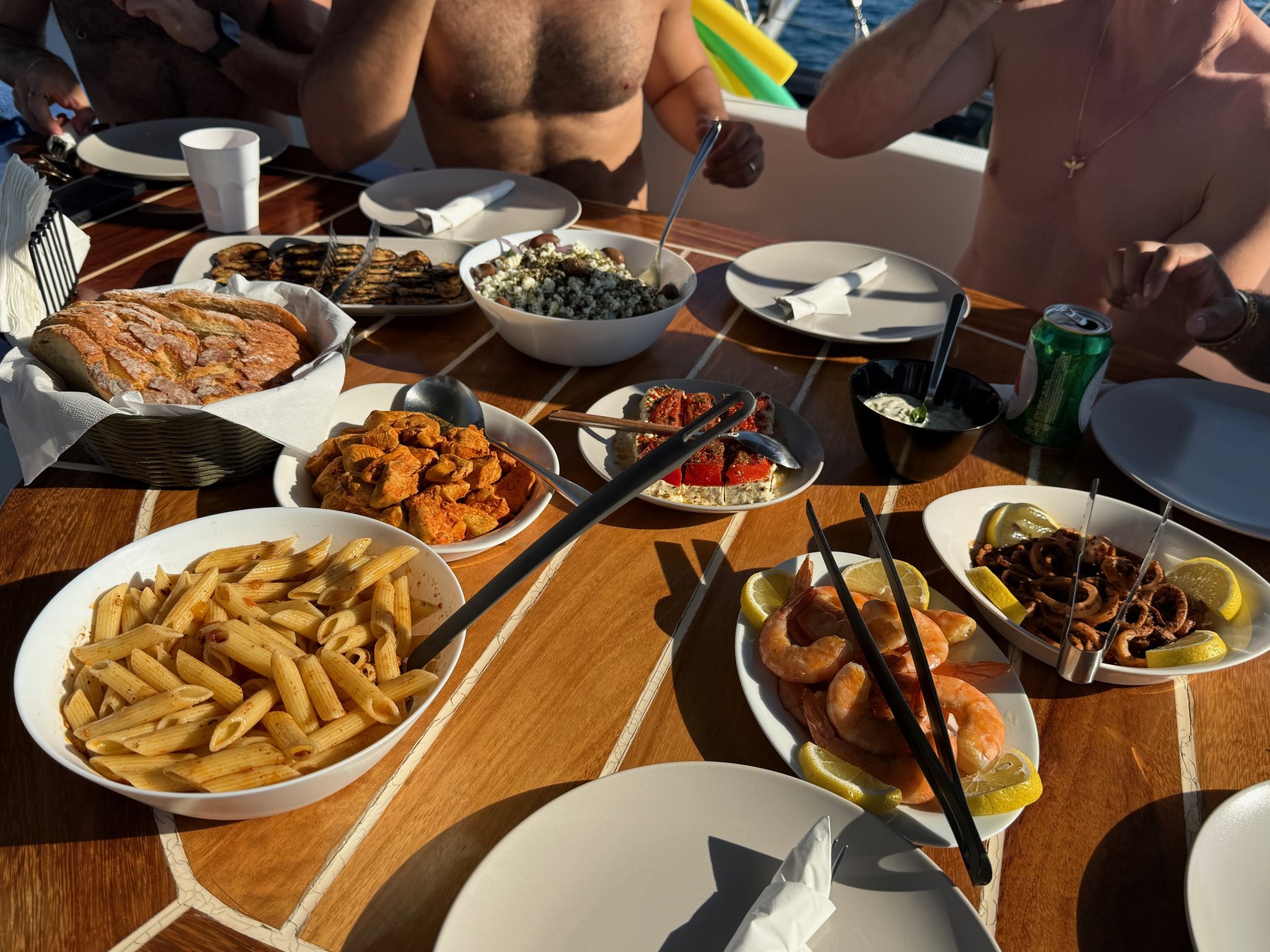 Calamari, shrimp, salad and other dishes served on the catamaran.